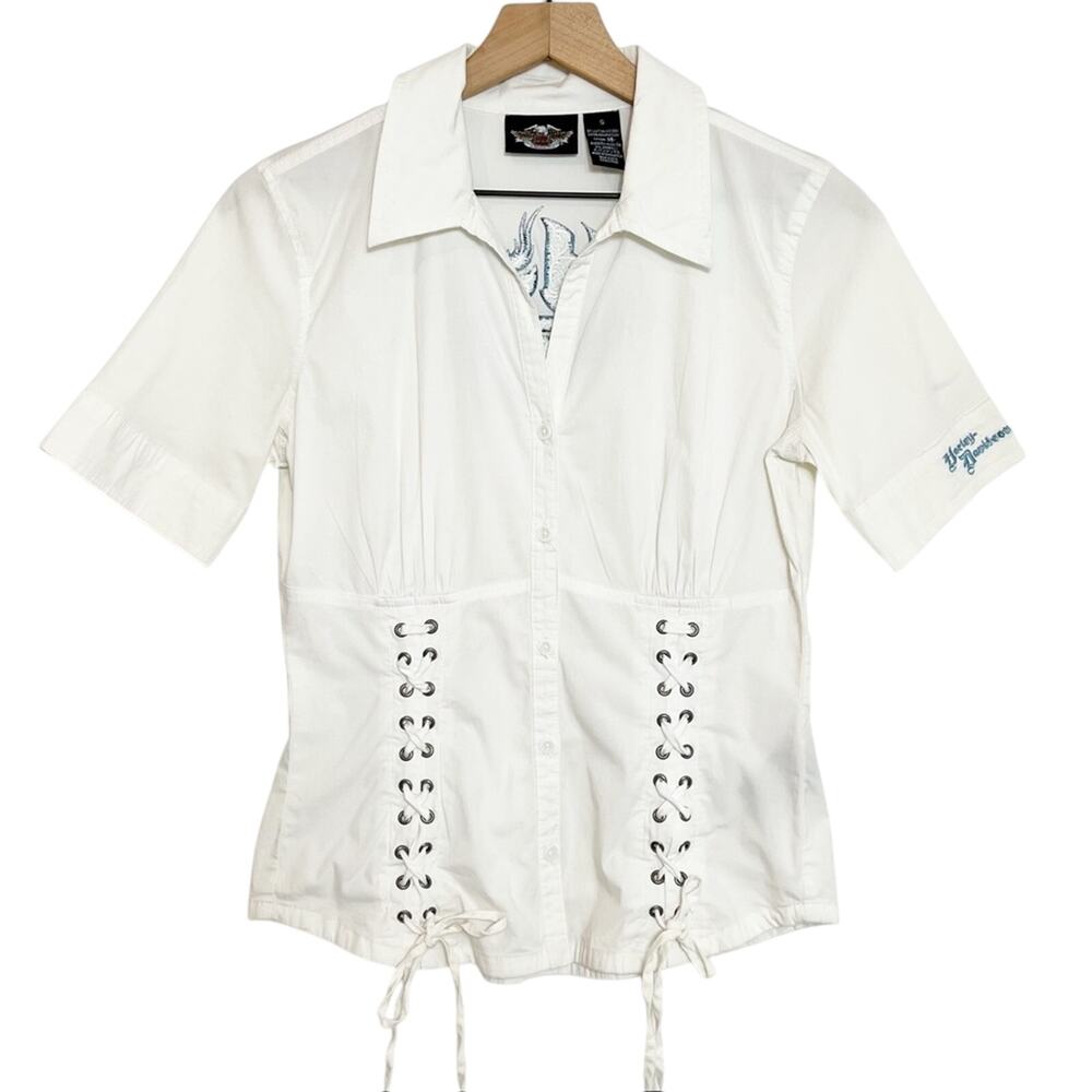 Harley Davidson Blue White Embroidered Women Short Sleeve Blouse Size Small - Picture 1 of 6